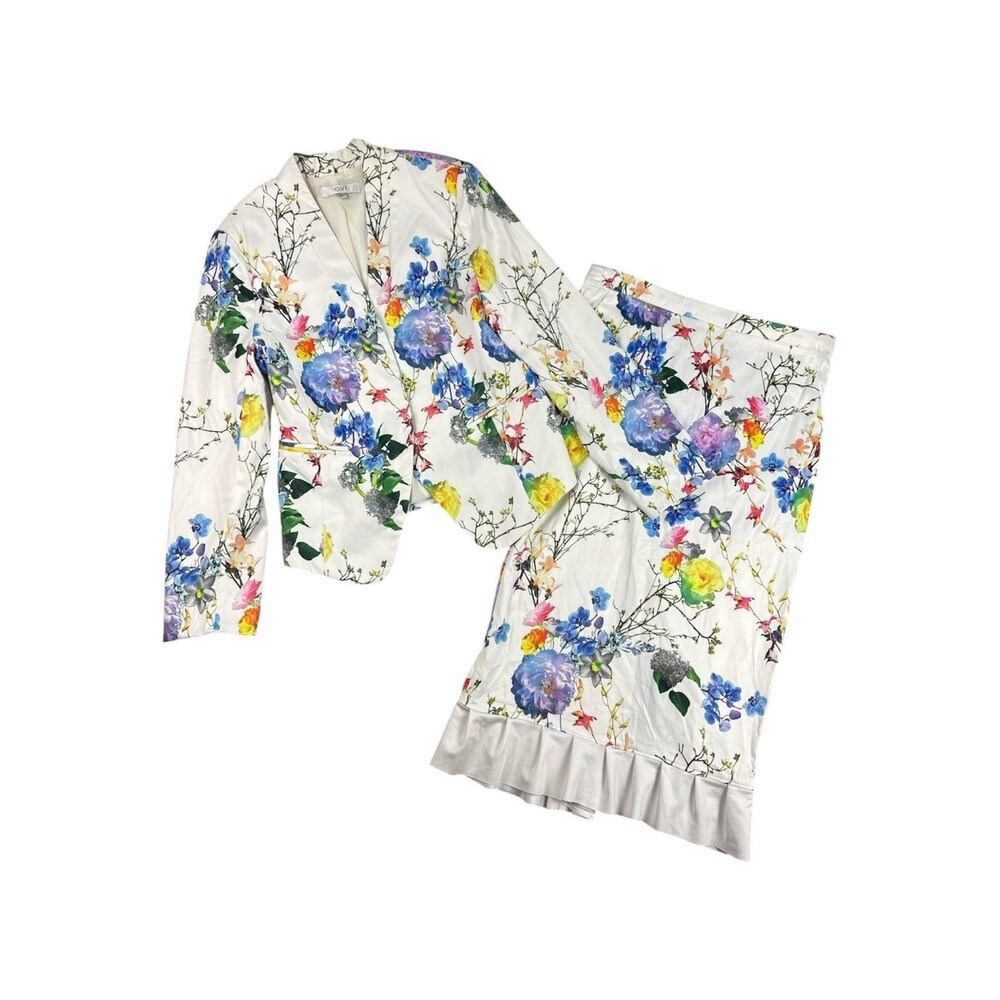 OVI Floral Blazer Skirt Suit Set Women’s Medium White Multicolor Cotton Stretch - Picture 2 of 14